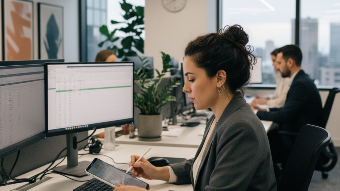 Vrouw die aan haar bureau werkt met oorpiercings