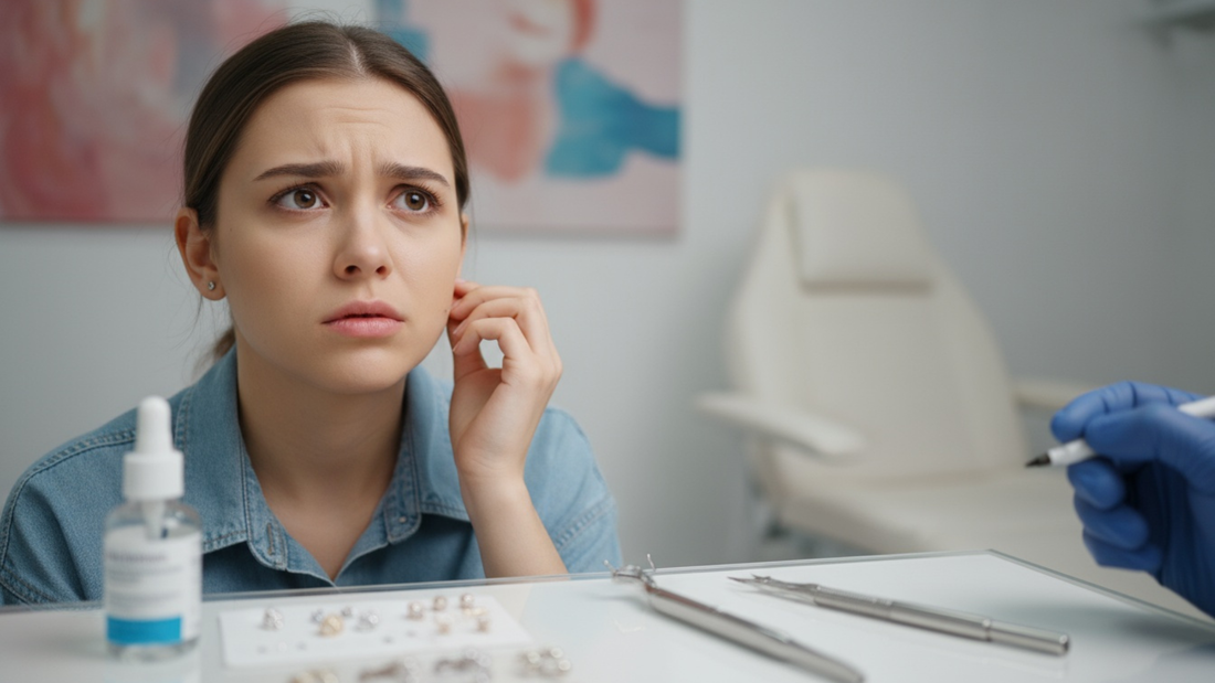 Een vrouw is bang vlak voordat ze haar oor laat piercen.