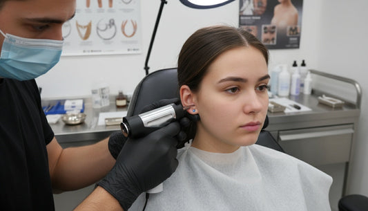 Een vrouw laat een gaatje in haar oor schieten met een oorbelpistool.